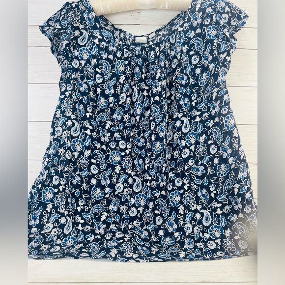 GAP Small Floral Flutter Scoop Floral Cotton-Rayon Blouse Blue & White - Picture 1 of 9